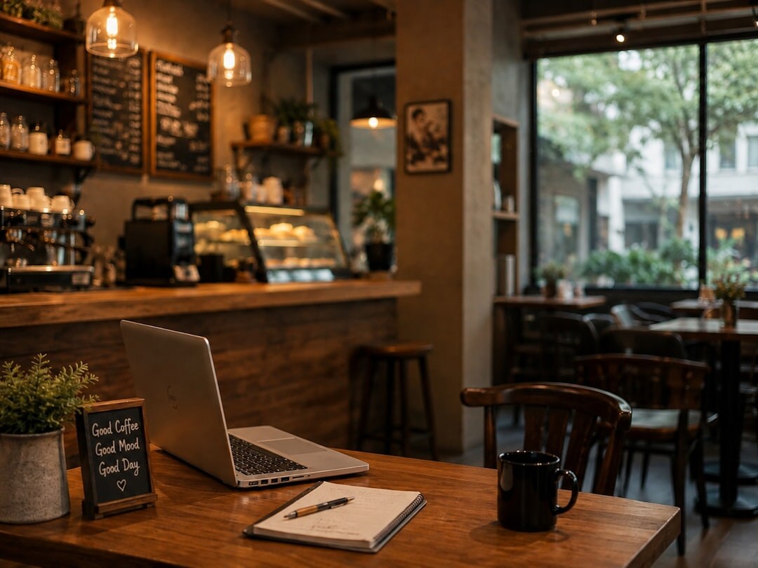 woman with laptop in cafe